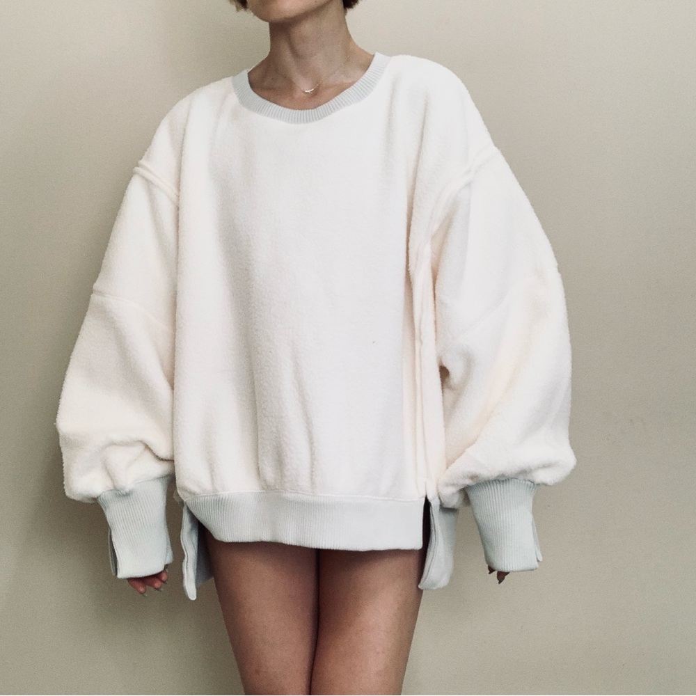 Free People Oversized Cream Fleece Sweatshirt with Light Gray Trim